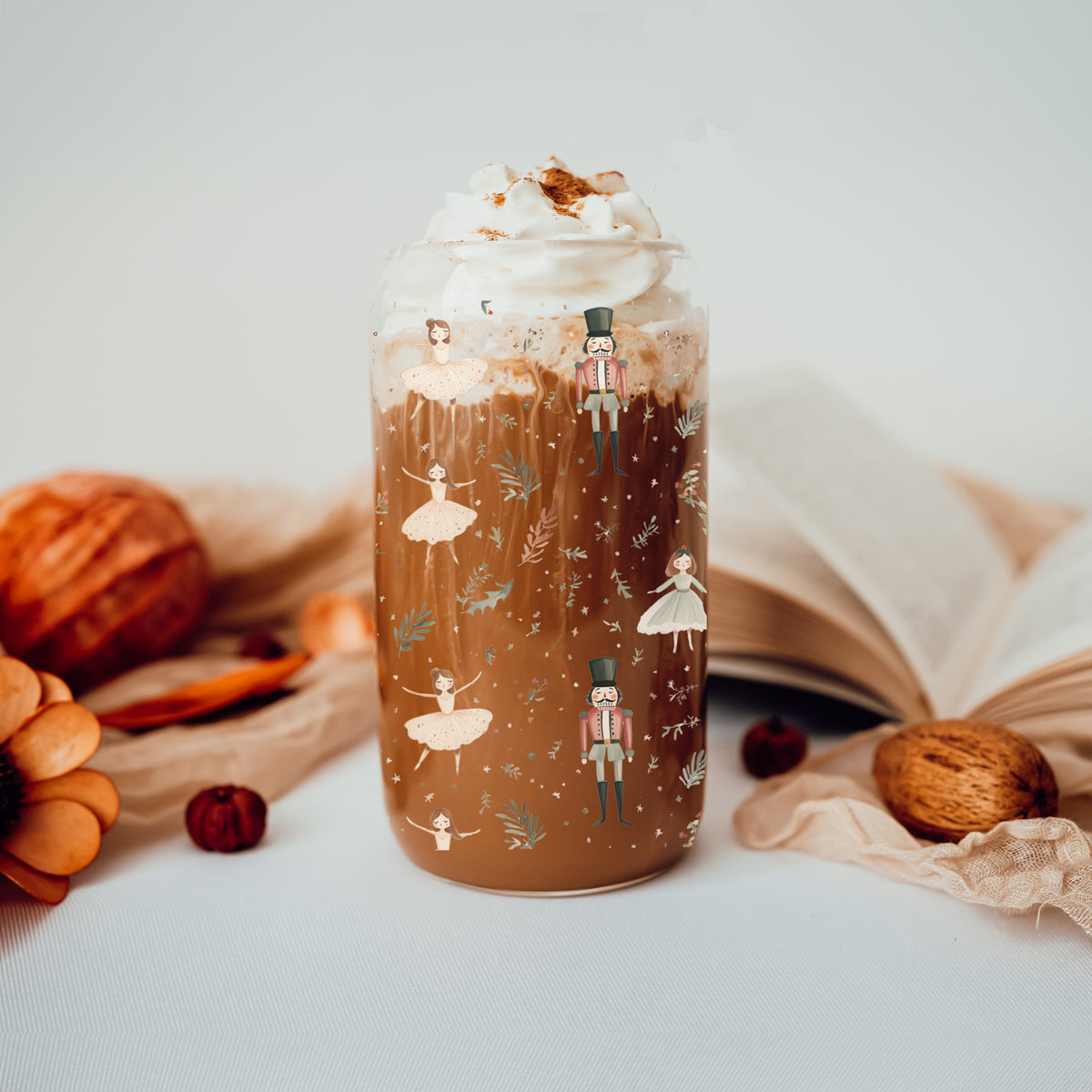 Holiday coffee gifts glass cup 17oz - Christmas nutcracker ballerina pastel kitchen accessories bamboo lid straw